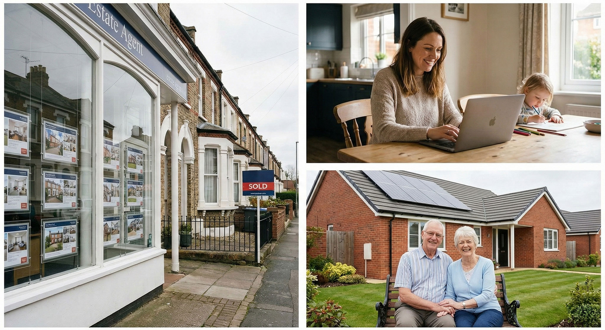 A three-part photographic collage representing different stages of homeownership in the UK. The left panel shows the exterior of an estate agent's office with property listings in the window and a 'Sold' sign outside terraced houses. The top right panel shows a smiling woman working on a laptop at a kitchen table next to her young child. The bottom right panel shows an older couple sitting happily on a garden bench outside a modern bungalow with solar panels.