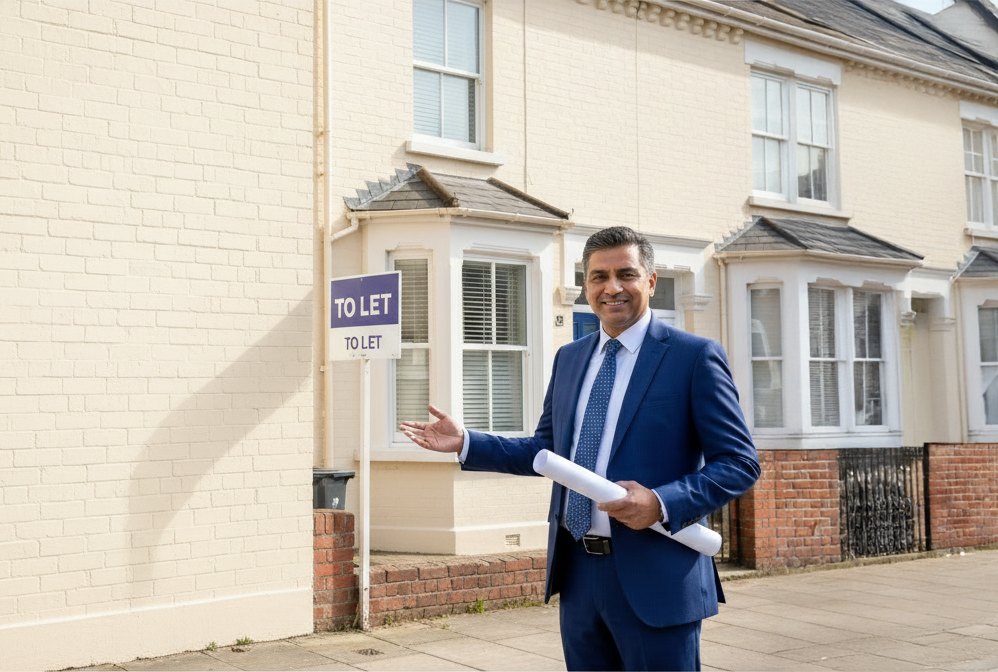 A landlord standing outside of his new rental property