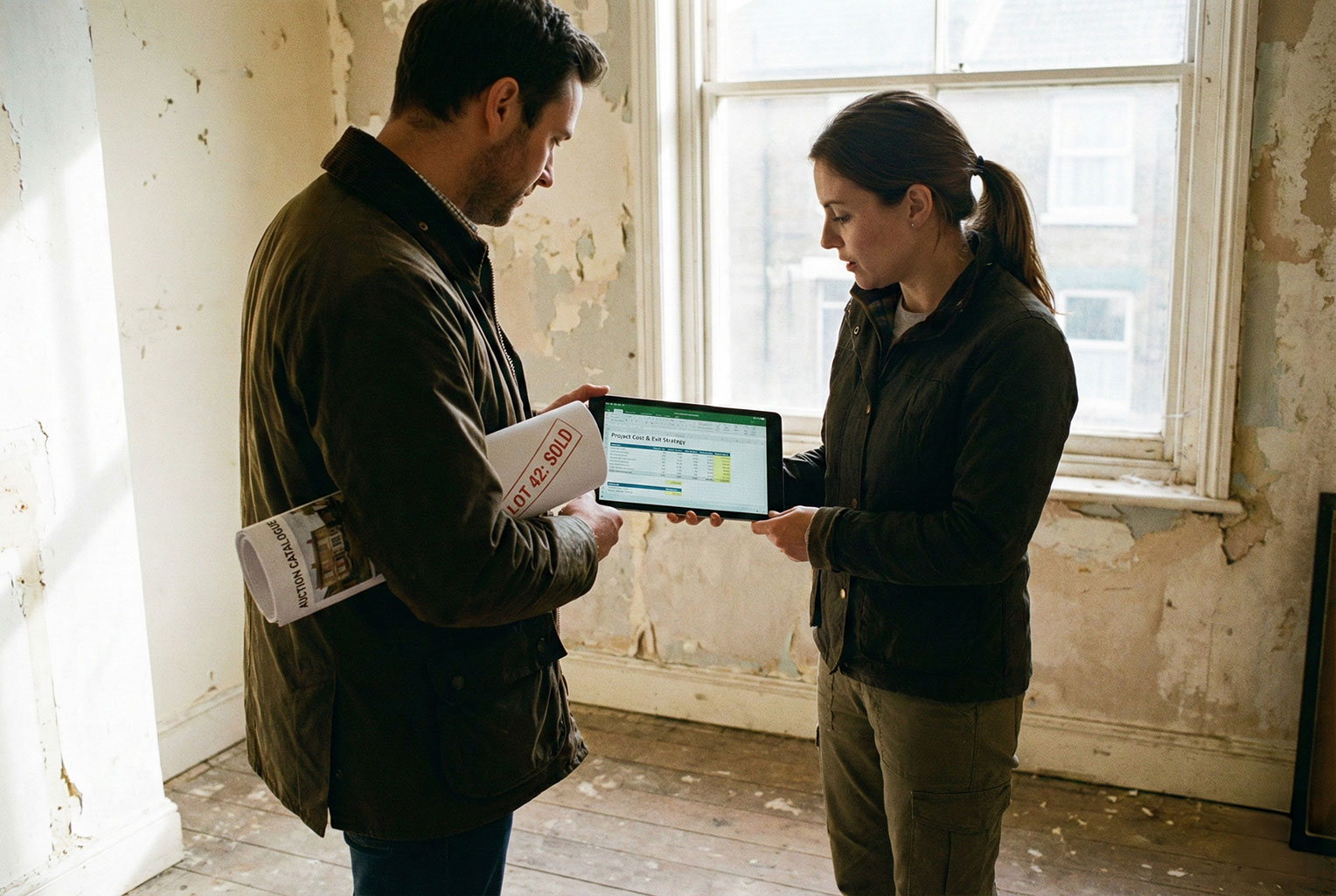 Property investors discussing renovation costs and exit strategies for a newly purchased auction property.