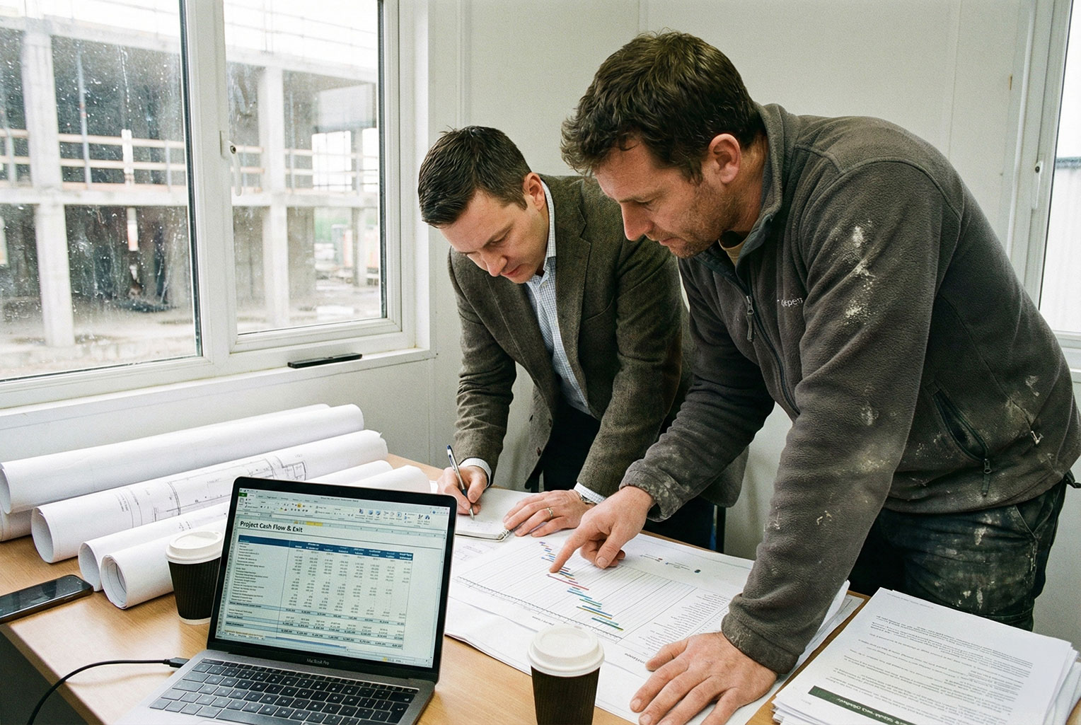 Property developers reviewing construction site plans and development finance costs on a laptop.